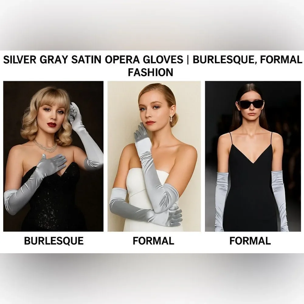 Glam Satin Opera Gloves | Grey |Size 13–16 Burlesque, Formal, Vintage Shoot 💋